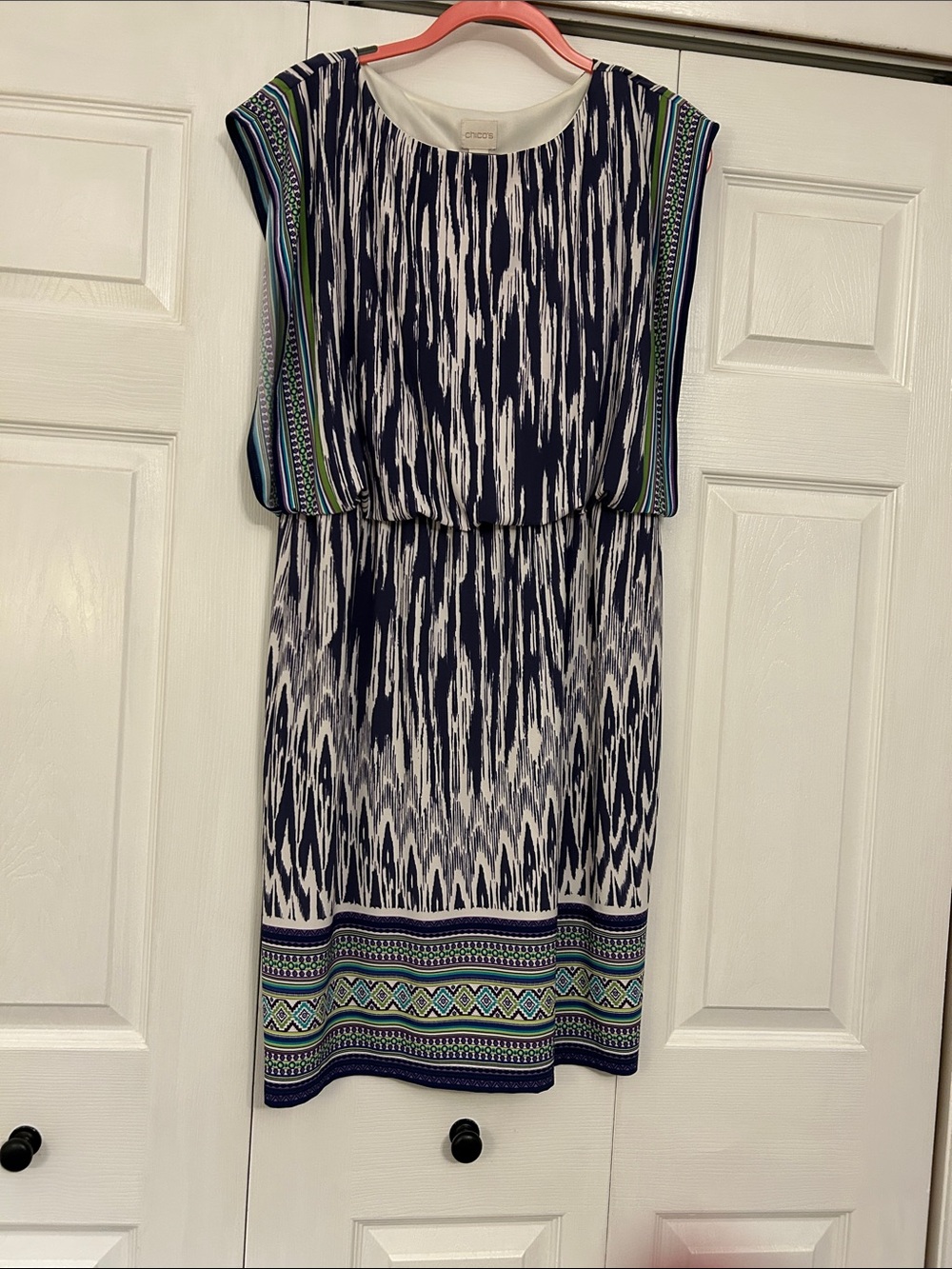 Chico's Navy, White & Teal Patterned Blouson Dress